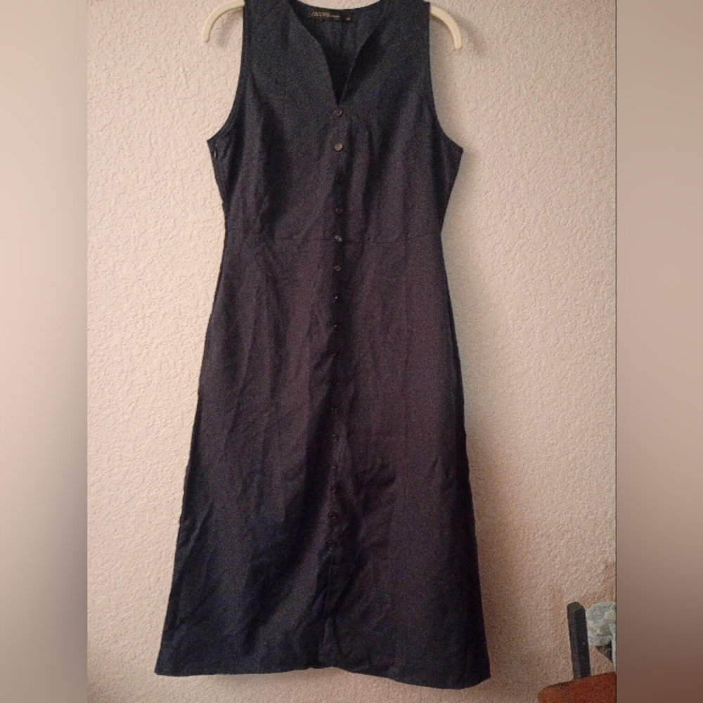 Elegant Dark Blue Front Button Sleeveless Med Sz Dress